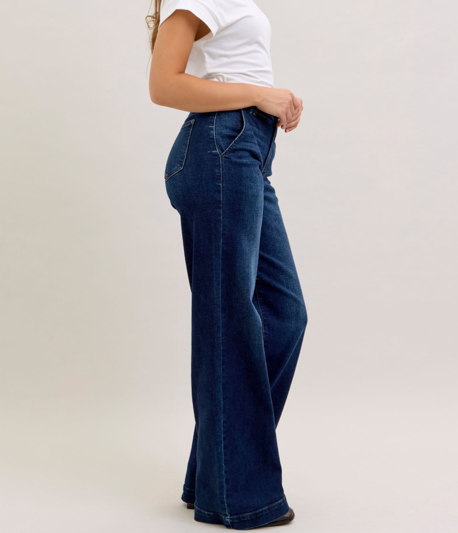 Judy Blue Dark Wash High Waist Wide Leg Trouser Jeans