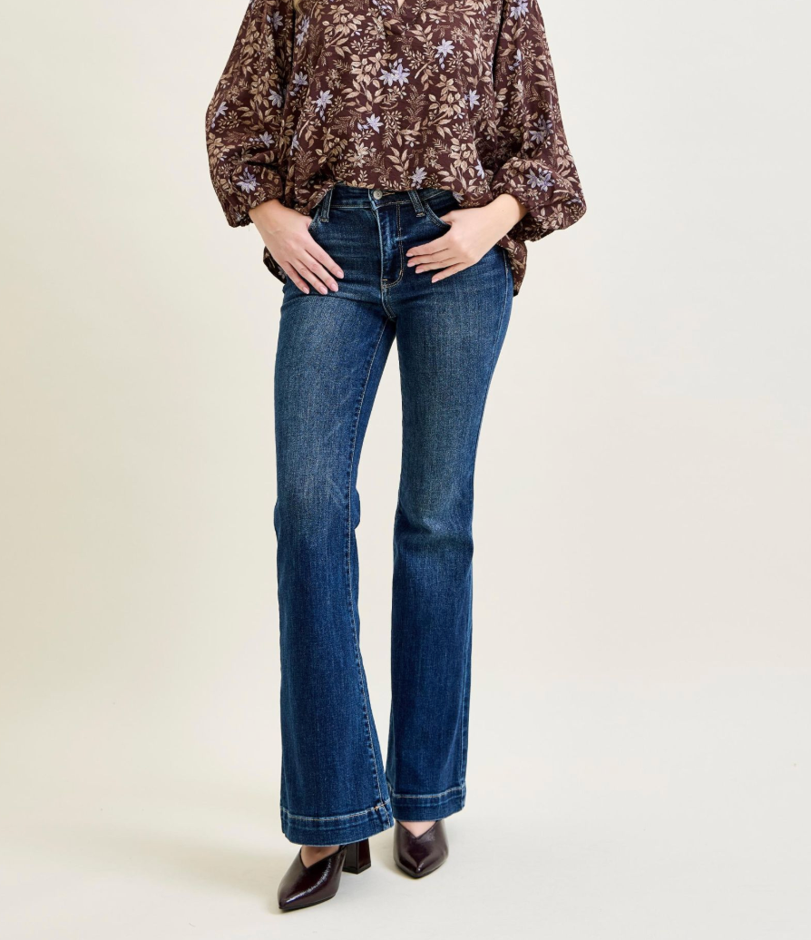 Judy Blue Dark Wash High Waist Trouser Flare Jeans | Women's High Rise Flare Denim