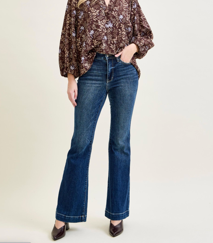 Judy Blue Dark Wash High Waist Trouser Flare Jeans | Women's High Rise Flare Denim