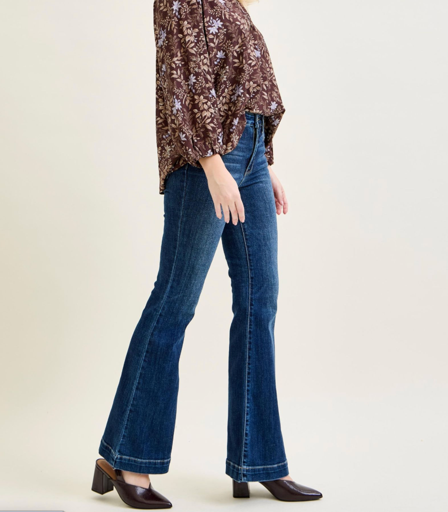 Judy Blue Dark Wash High Waist Trouser Flare Jeans | Women's High Rise Flare Denim