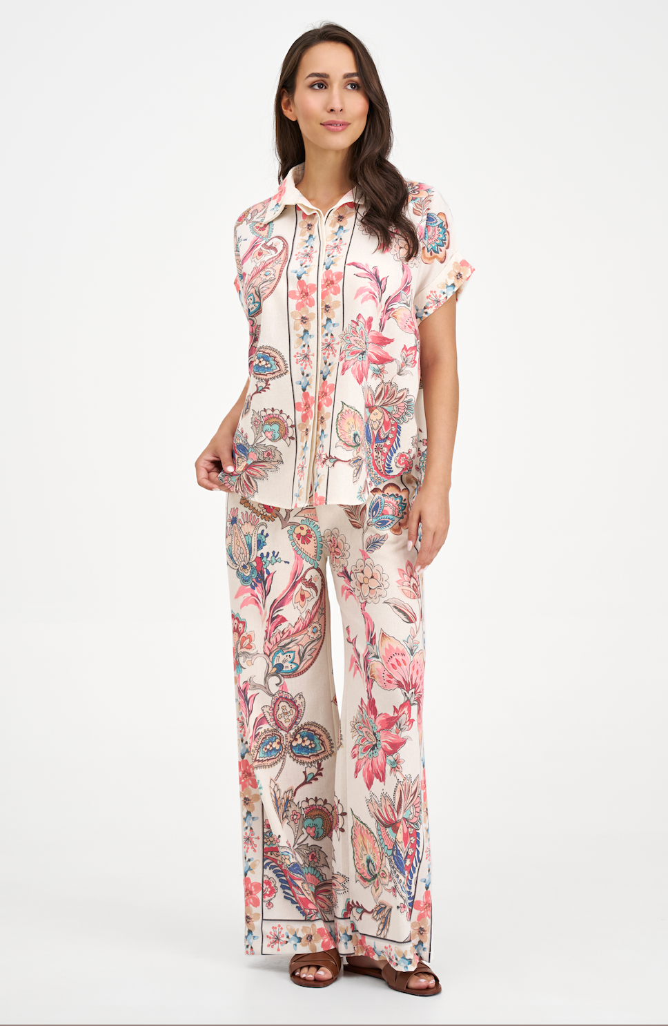 Sunset Boho Paisley Print Oversized Button-Up Top with Floral Border