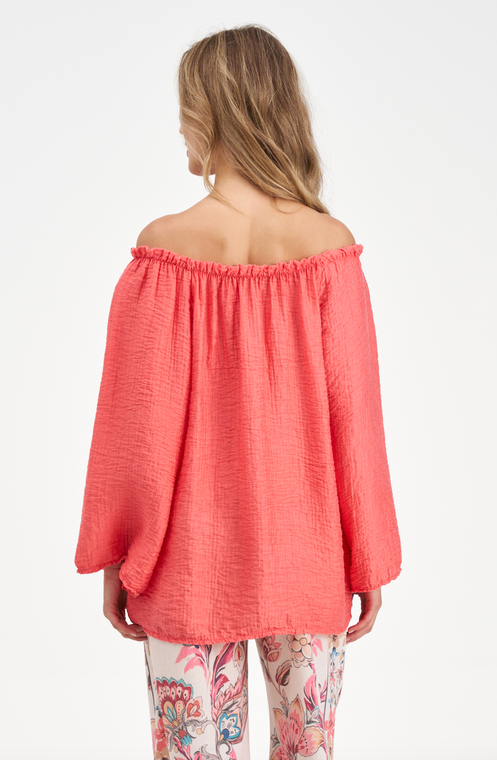Coral Off-the-Shoulder Flowy Blouse with 3/4 Bubble Sleeves