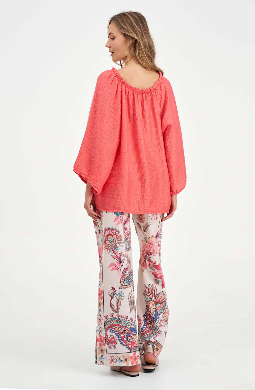 Coral Off-the-Shoulder Flowy Blouse with 3/4 Bubble Sleeves
