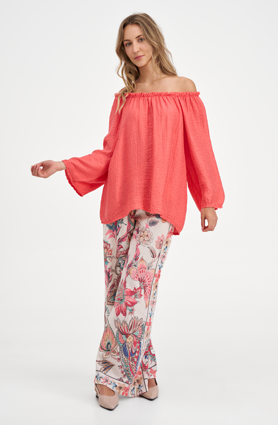 Coral Off-the-Shoulder Flowy Blouse with 3/4 Bubble Sleeves