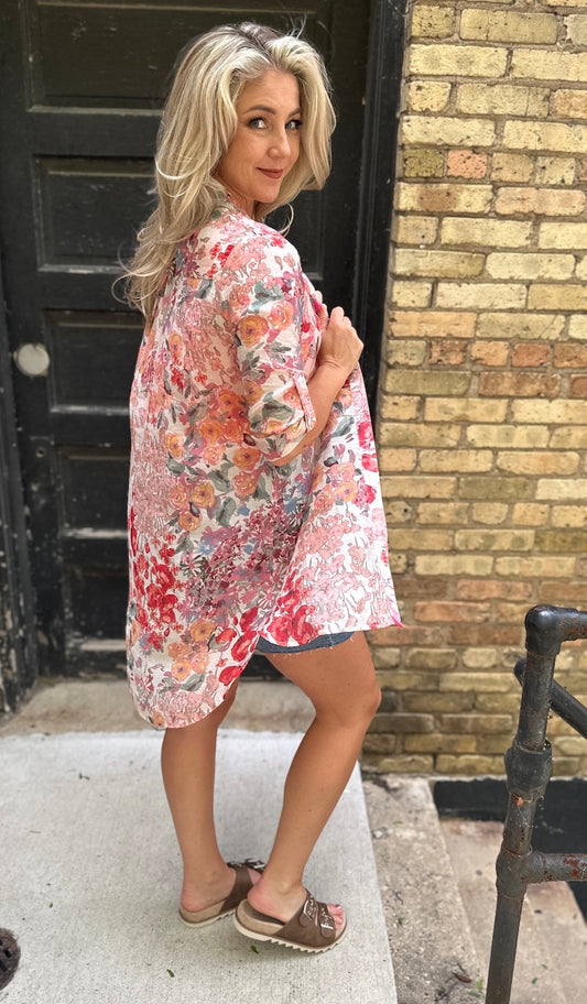 Floral button front tunic with tab sleeves