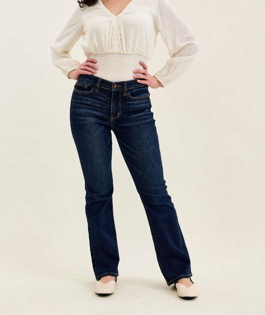 Judy Blue Petite Mid Rise Dark Wash Bootcut Jeans | Stretch Denim Women's Jeans