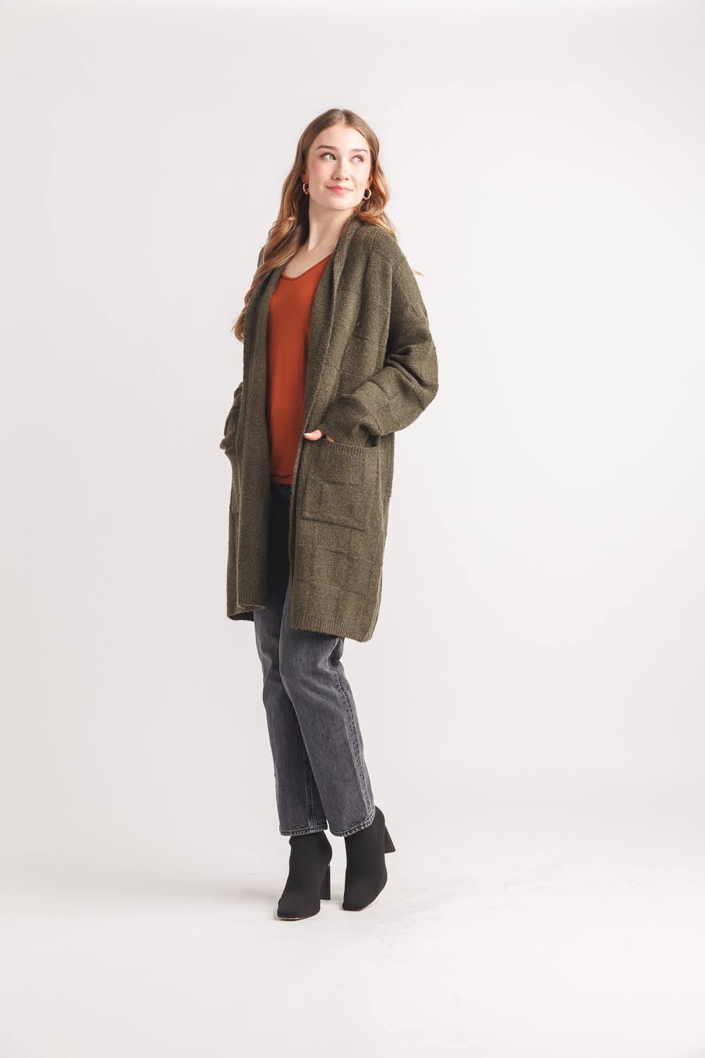Olive Check Knit Coatigan with Pockets