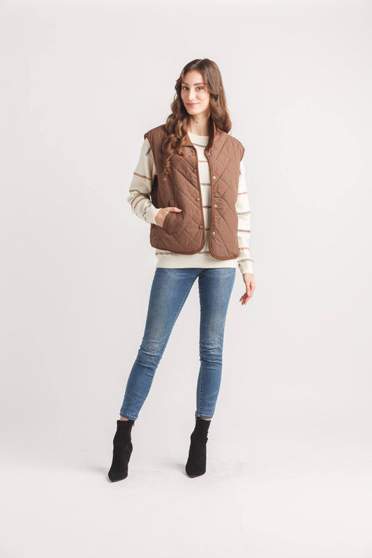 Women’s Brown Quilted Button-Down Vest with Collar & Pockets
