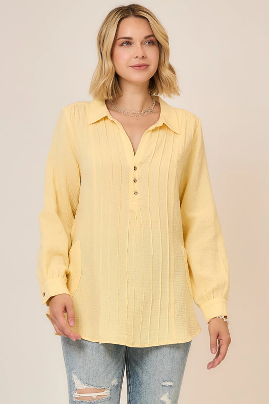 Sunshine Charm Pleated Button Down Blouse