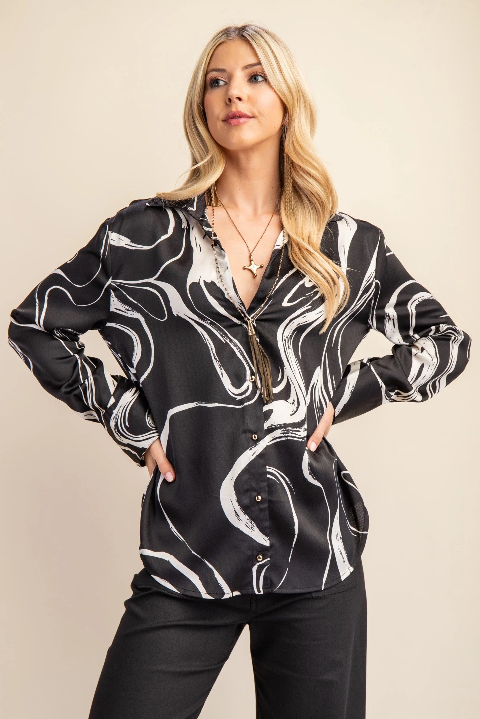 Marble Print Satin Blouse Pizzazz Beloit