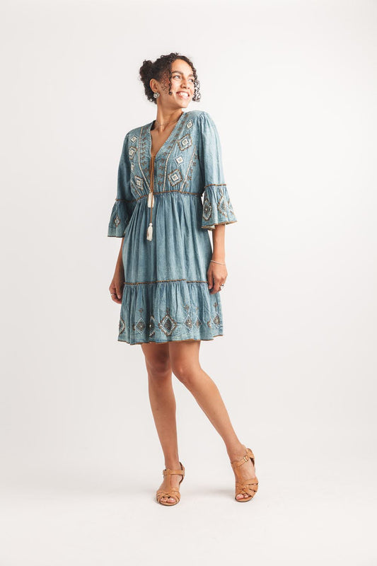Embroidered & Beaded Bell Sleeve Midi Denim Dress for Women | Boho Chic Western Denim Dress