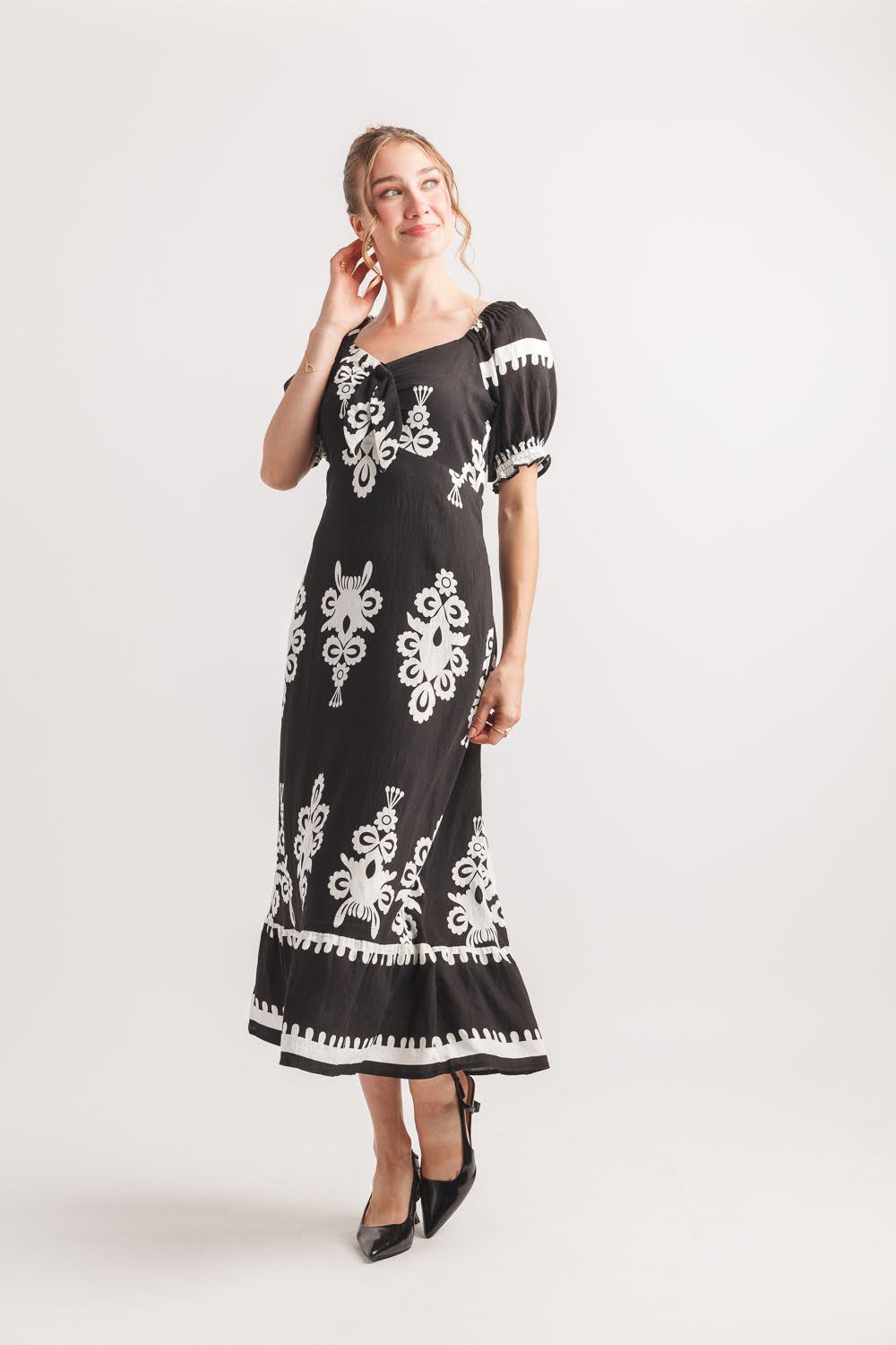 Black Boho Print Tie Front Midi Dress | Puff Sleeve Sweetheart Neck A-Line Dress