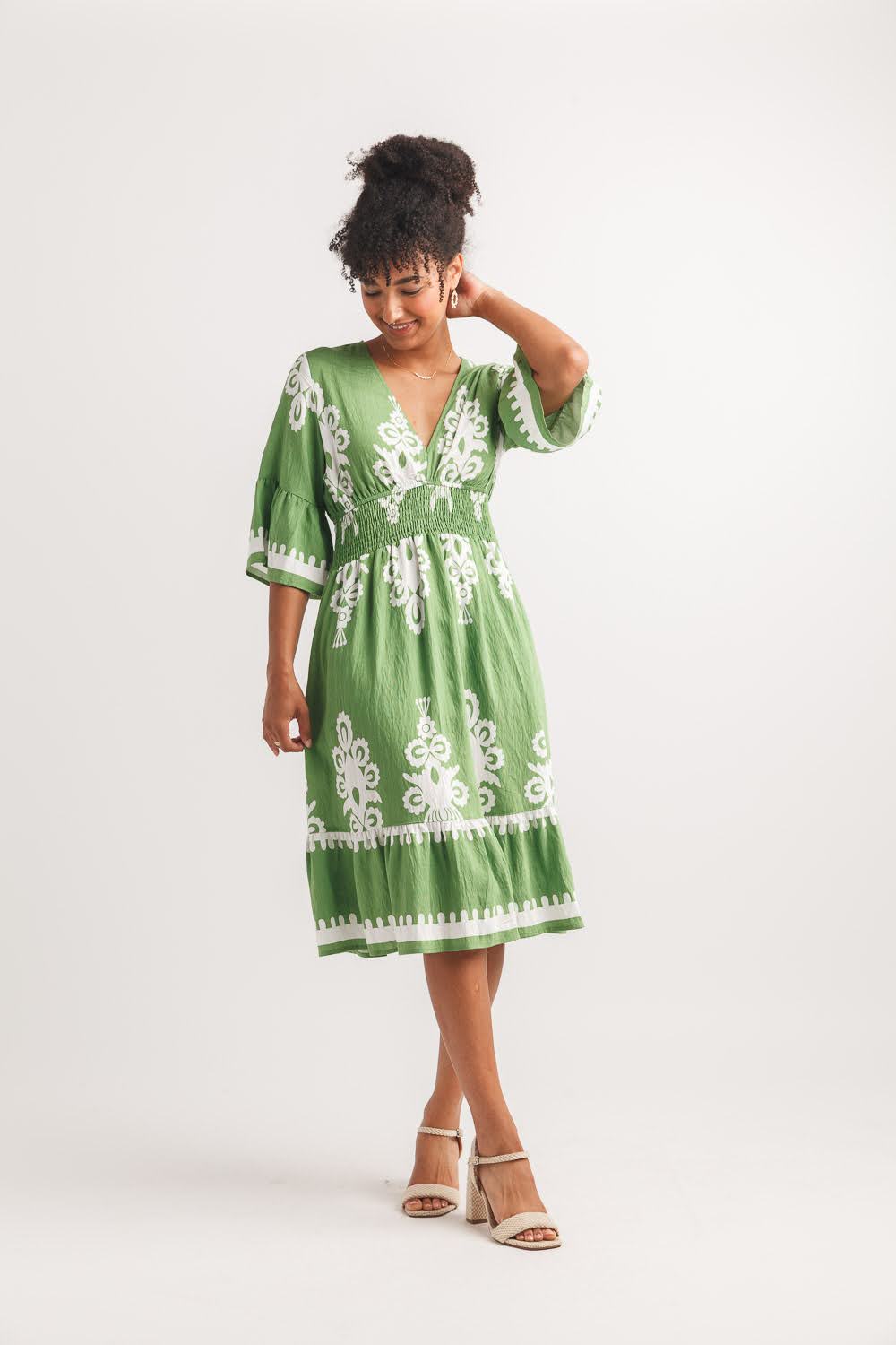 Green Boho Print Smocked Waist Midi Dress | V-Neck Flowy A-Line Dress