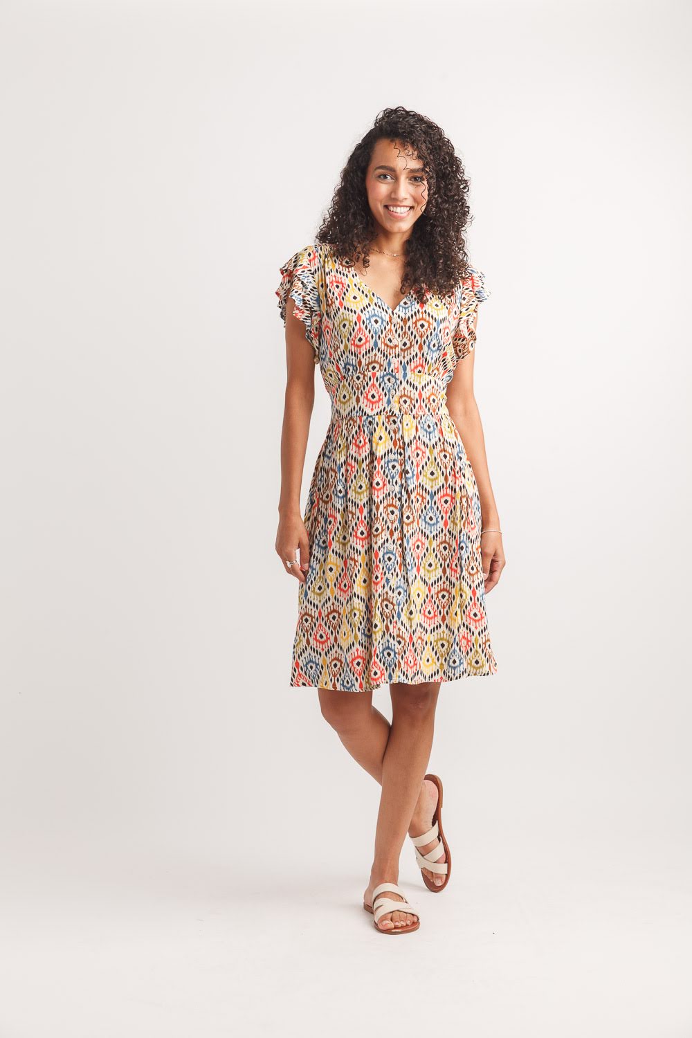 Multi Color Ikat Abstract Button Front Dress with Pockets | Boho Chic Midi Dress for Women