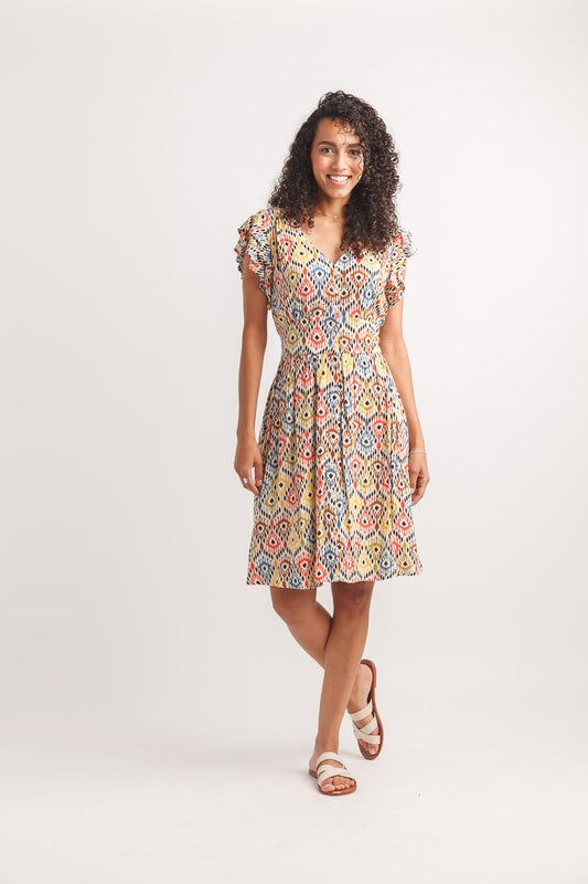 Multi Color Ikat Abstract Button Front Dress with Pockets | Boho Chic Midi Dress for Women