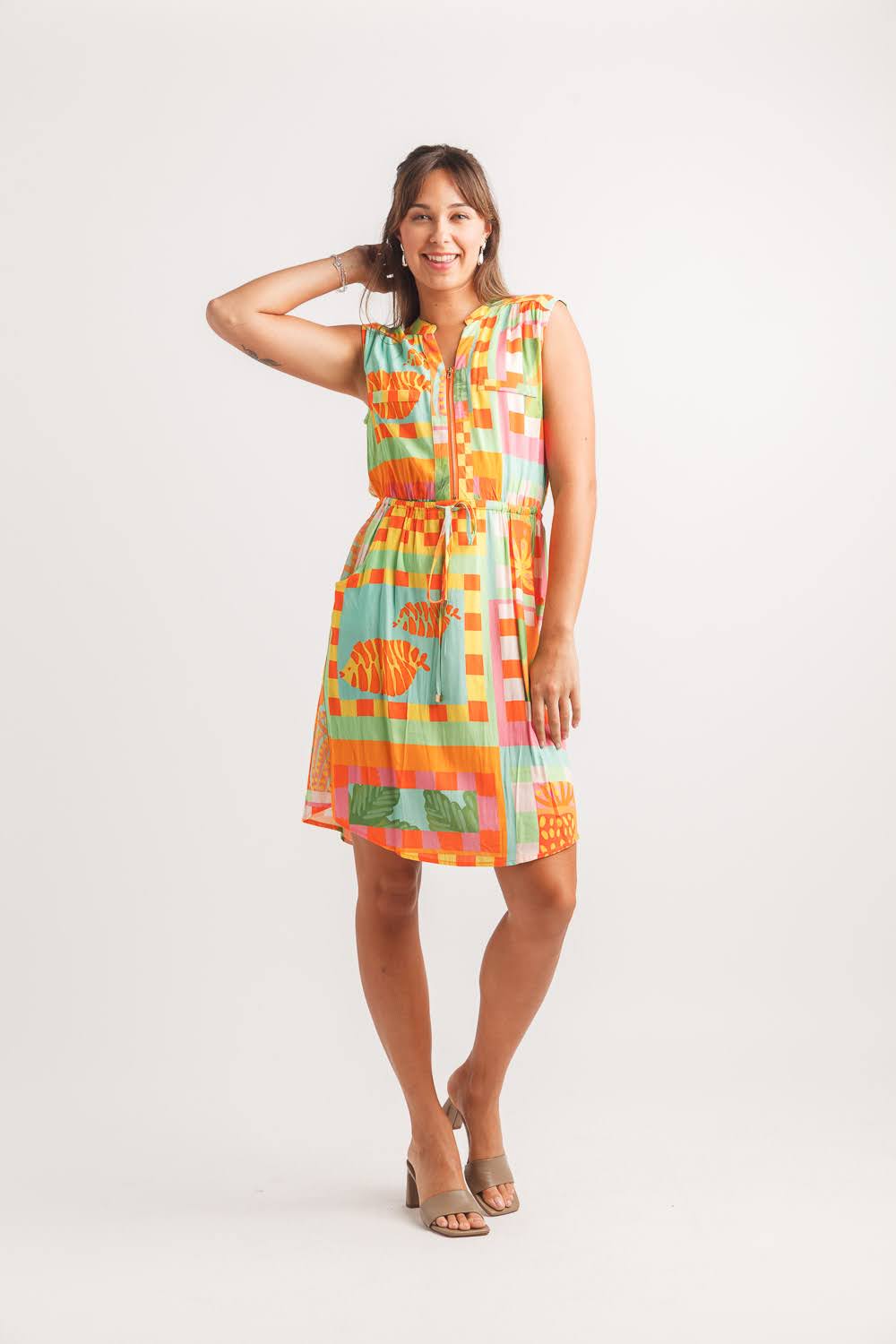 Orange Tropical Print Sleeveless Dress with Drawstring Waist | Lightweight Summer Vacation Dress for Women