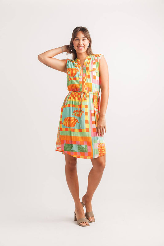 Orange Tropical Print Sleeveless Dress with Drawstring Waist | Lightweight Summer Vacation Dress for Women