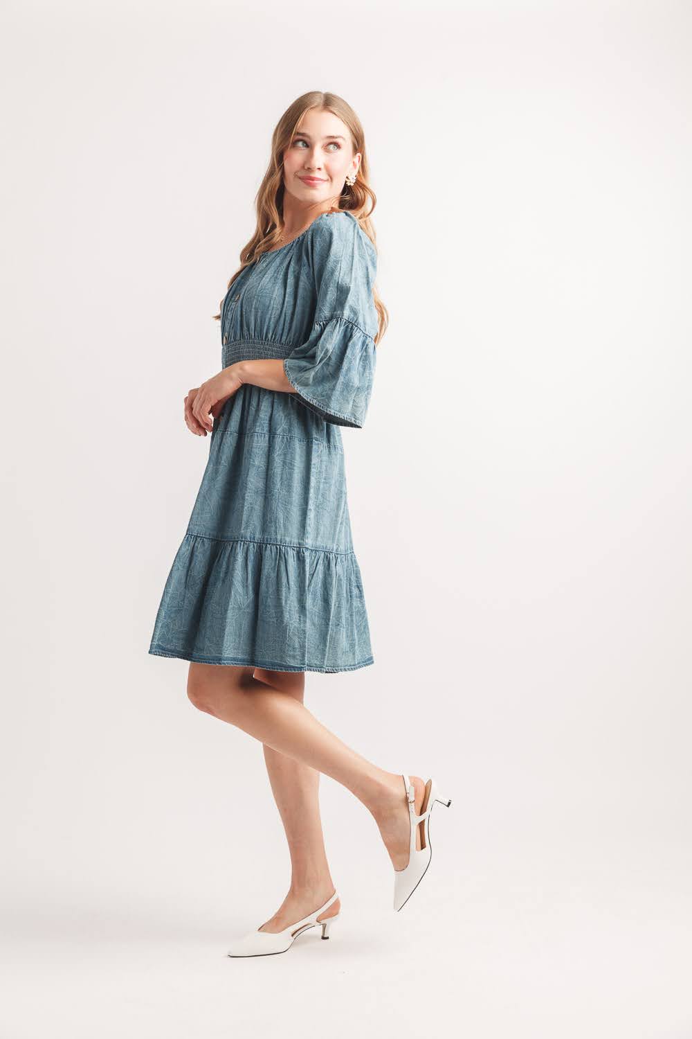 Tiered Bell Sleeve Denim Dress with Elastic Waist | Women’s Flowy Denim Mini Dress