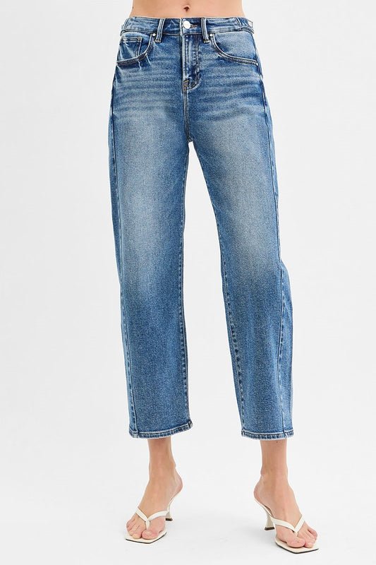 Risen Adjustable Waistband High Rise Crop Length Barrel Jeans