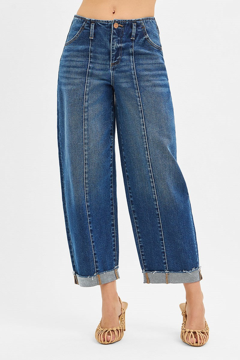 Risen Front Seam Detail High Rise Barrel Jeans