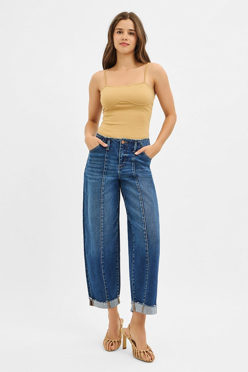 Risen Front Seam Detail High Rise Barrel Jeans