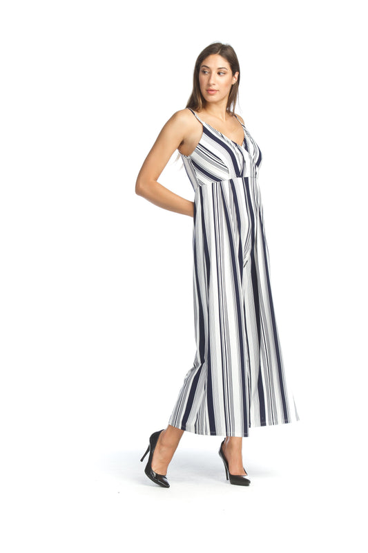 Black & White Striped Wide Leg Jumpsuit | V-Neck Empire Waist Resort Jumpsuit
