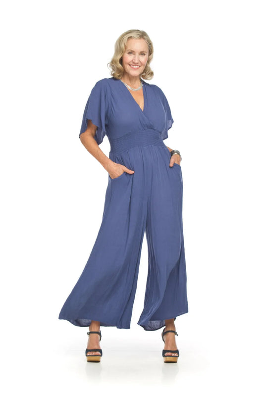 Smocked Waist Short Sleeve Wrap Top Wide Leg Jumpsuit