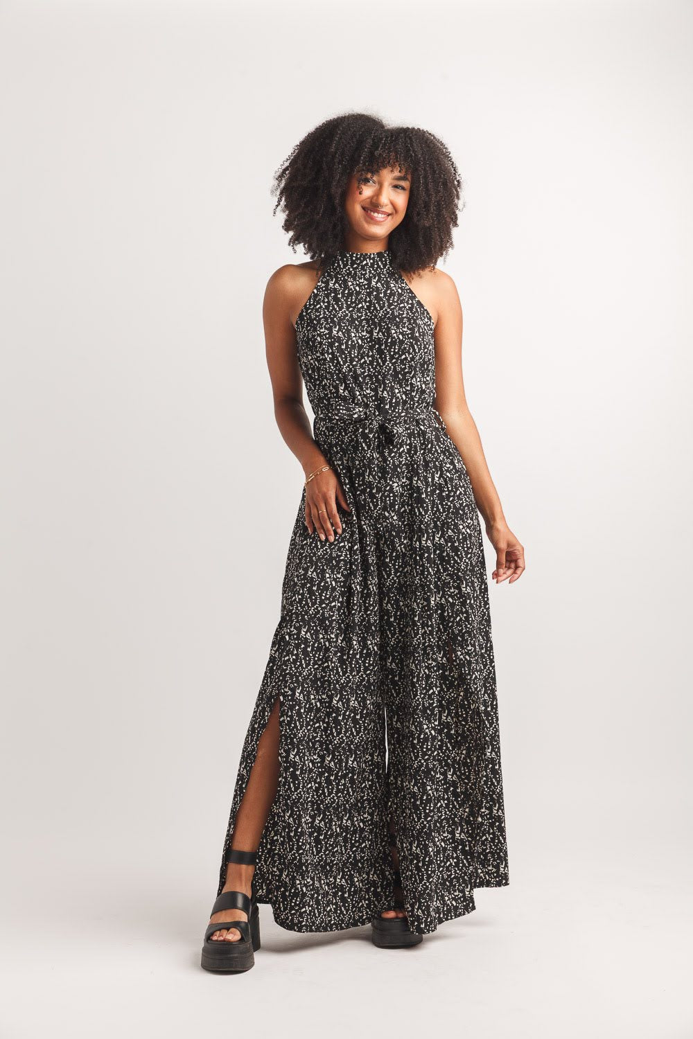Spotted Print Halter Neck Jumpsuit with Wrap Legs | Flowy Wide Leg Statement Jumpsuit for Women