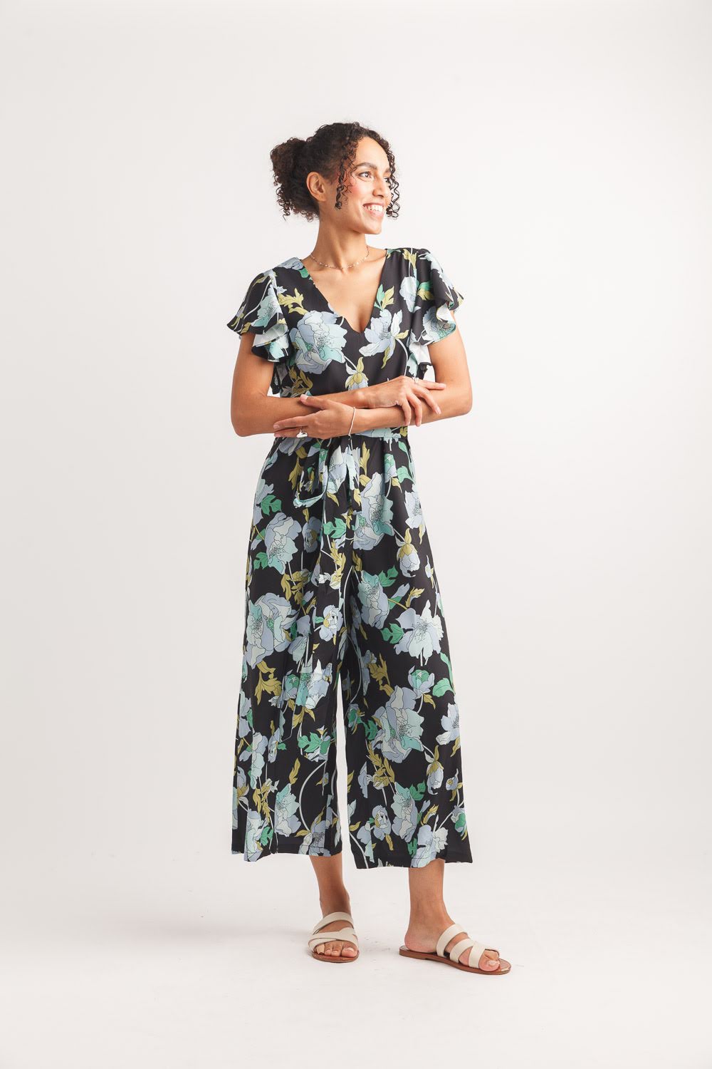 Black Floral Wide Leg Jumpsuit | V-Neck Tie Waist Cropped Jumpsuit