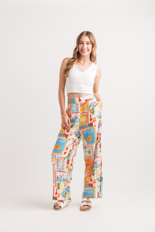 Postcard Print Wide Leg Pants for Women | Boho Vacation Palazzo Pants