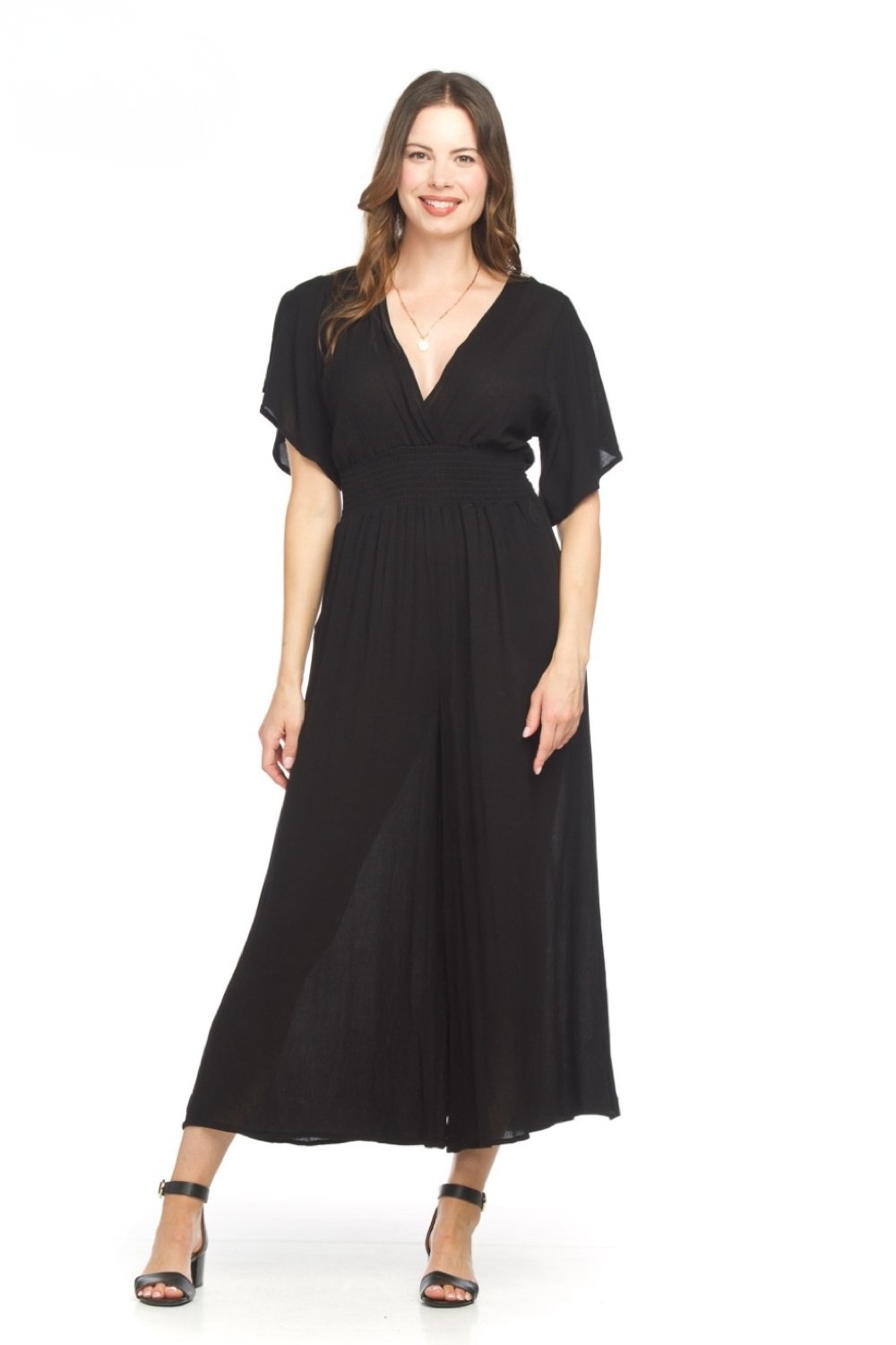 Black Smocked Waist Wide Leg Jumpsuit | Flutter Sleeve Culotte Jumpsuit for Women