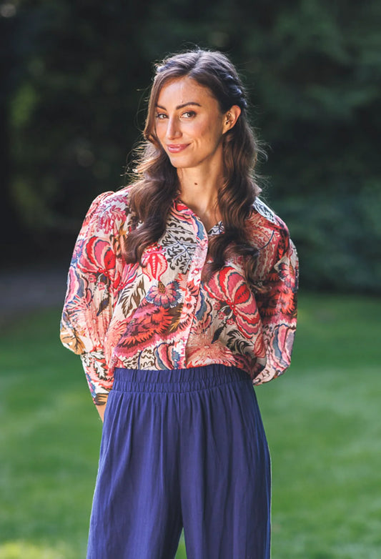Pink Bold Floral Collated Button Front Blouse