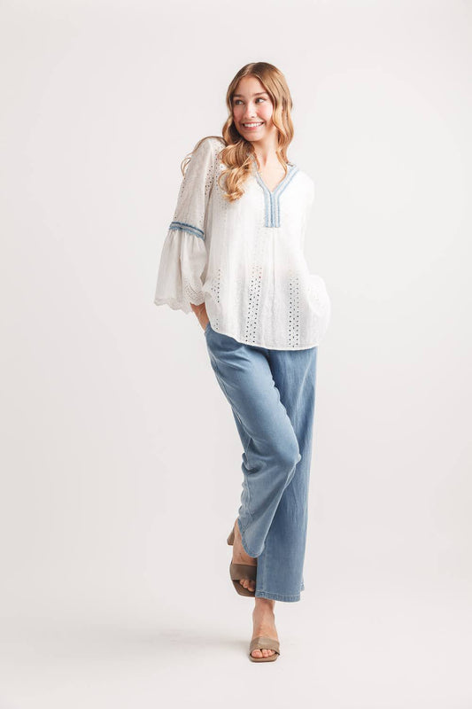 White Eyelet Top with Denim Trim & Bell Sleeves | Boho Chic Embroidered Blouse for Women
