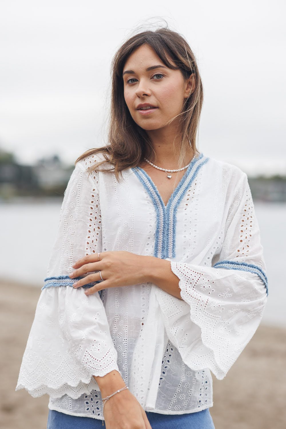 White Eyelet Top with Denim Trim & Bell Sleeves | Boho Chic Embroidered Blouse for Women