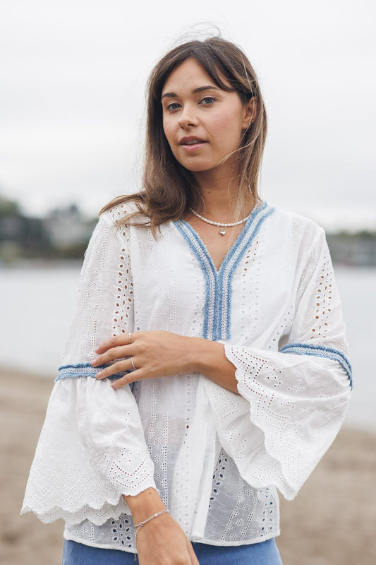 White Eyelet Top with Denim Trim & Bell Sleeves | Boho Chic Embroidered Blouse for Women