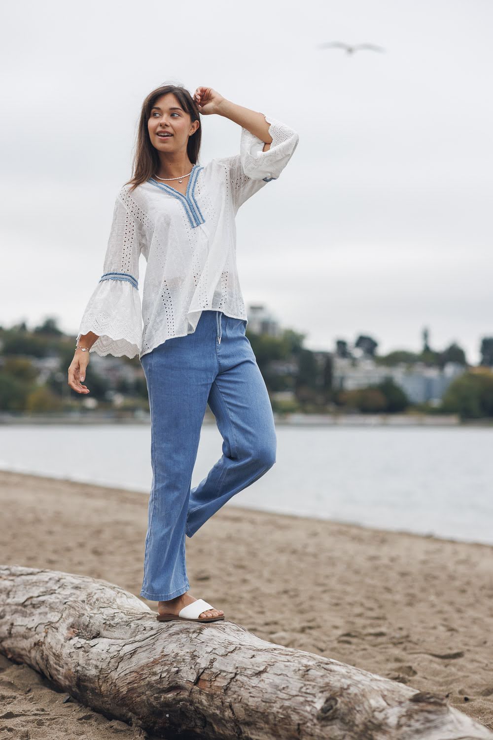 White Eyelet Top with Denim Trim & Bell Sleeves | Boho Chic Embroidered Blouse for Women
