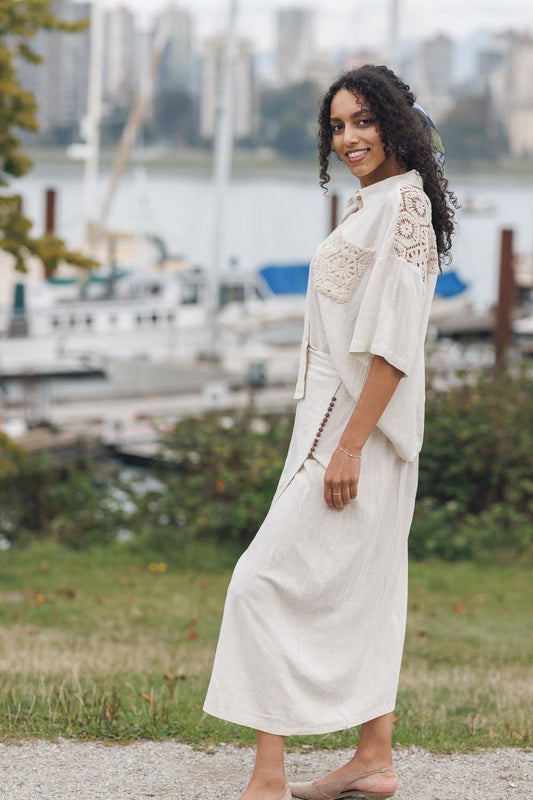 Beige Linen Button Up Shirt with Crochet Accents | Lightweight Collared Summer Blouse for Women