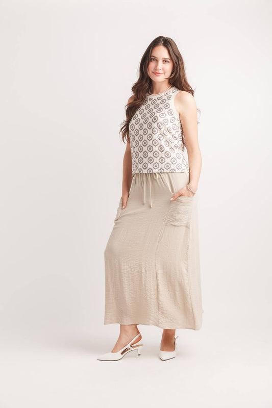 Beige Printed Tank Top with Knit Trim | Lightweight Neutral Summer Tank for Women