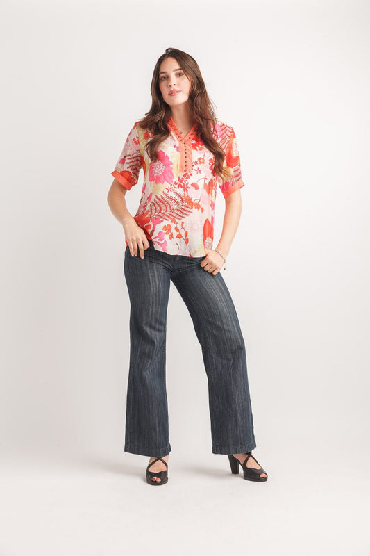 Sunset Bloom Split Neck Blouse