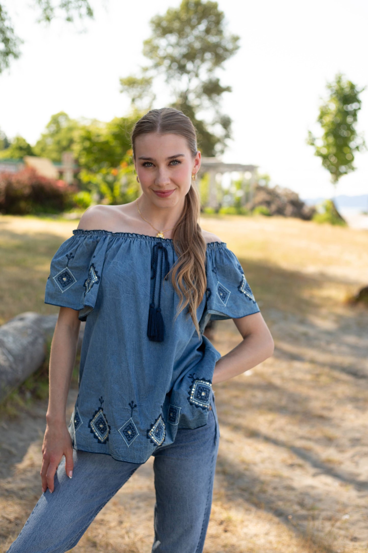 Embroidered Off the Shoulder Denim Blouse for Women | Boho Denim Peasant Top