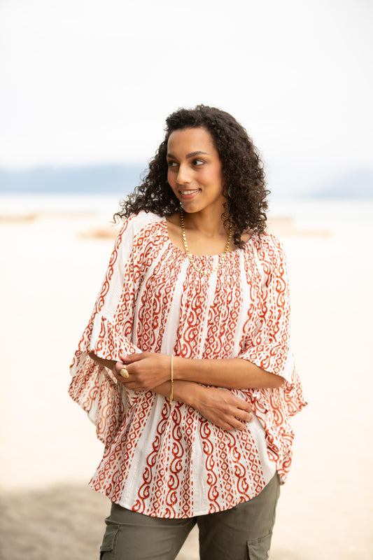 Tribal Stripe Lurex Crinkle Blouse for Women | Boho Metallic Stripe Top