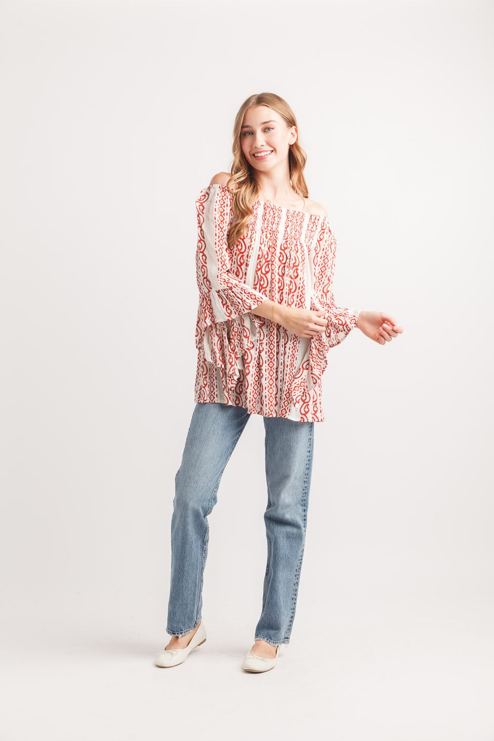 Tribal Stripe Lurex Crinkle Blouse for Women | Boho Metallic Stripe Top