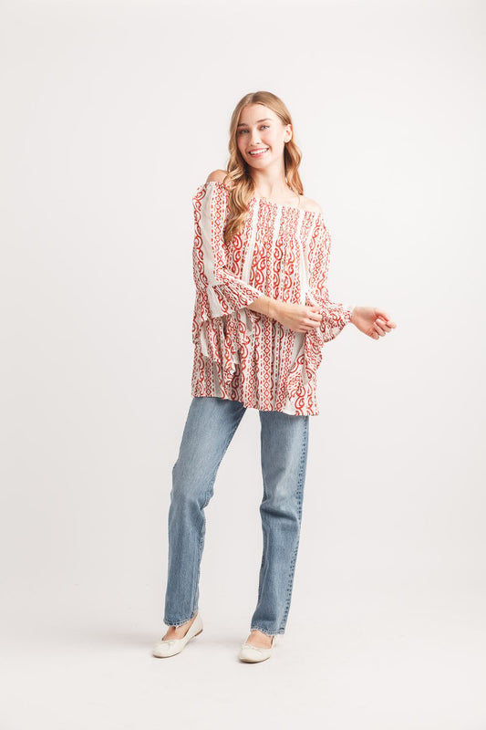 Tribal Stripe Lurex Crinkle Blouse for Women | Boho Metallic Stripe Top