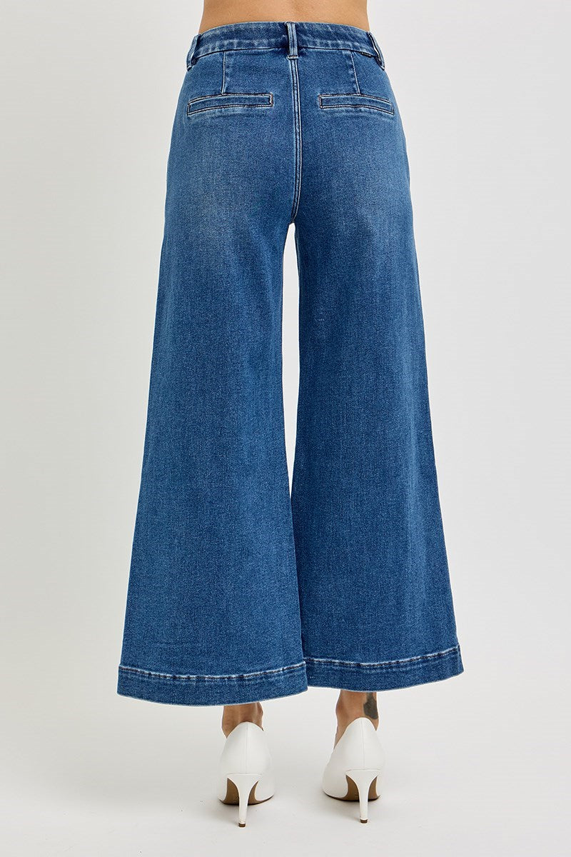 Risen Tummy Control Elastic Band High Rise Wide Leg Crop Jeans