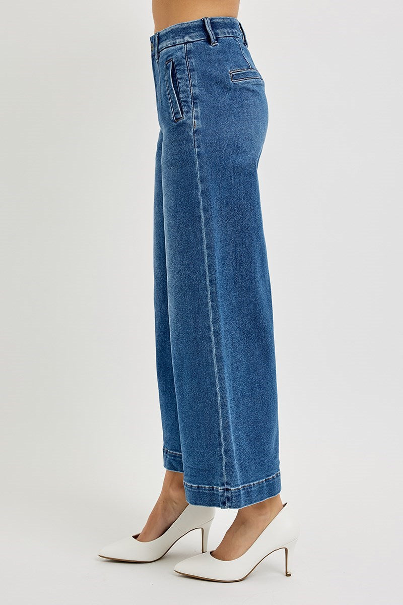 Risen Tummy Control Elastic Band High Rise Wide Leg Crop Jeans