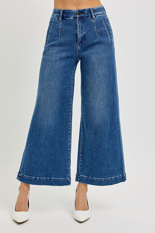 Risen Tummy Control Elastic Band High Rise Wide Leg Crop Jeans