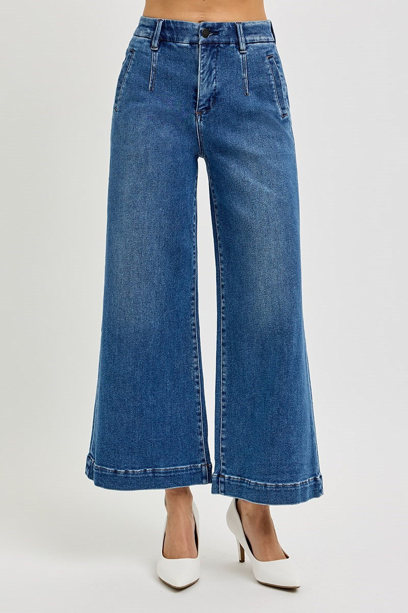 Risen Tummy Control Elastic Band High Rise Wide Leg Crop Jeans