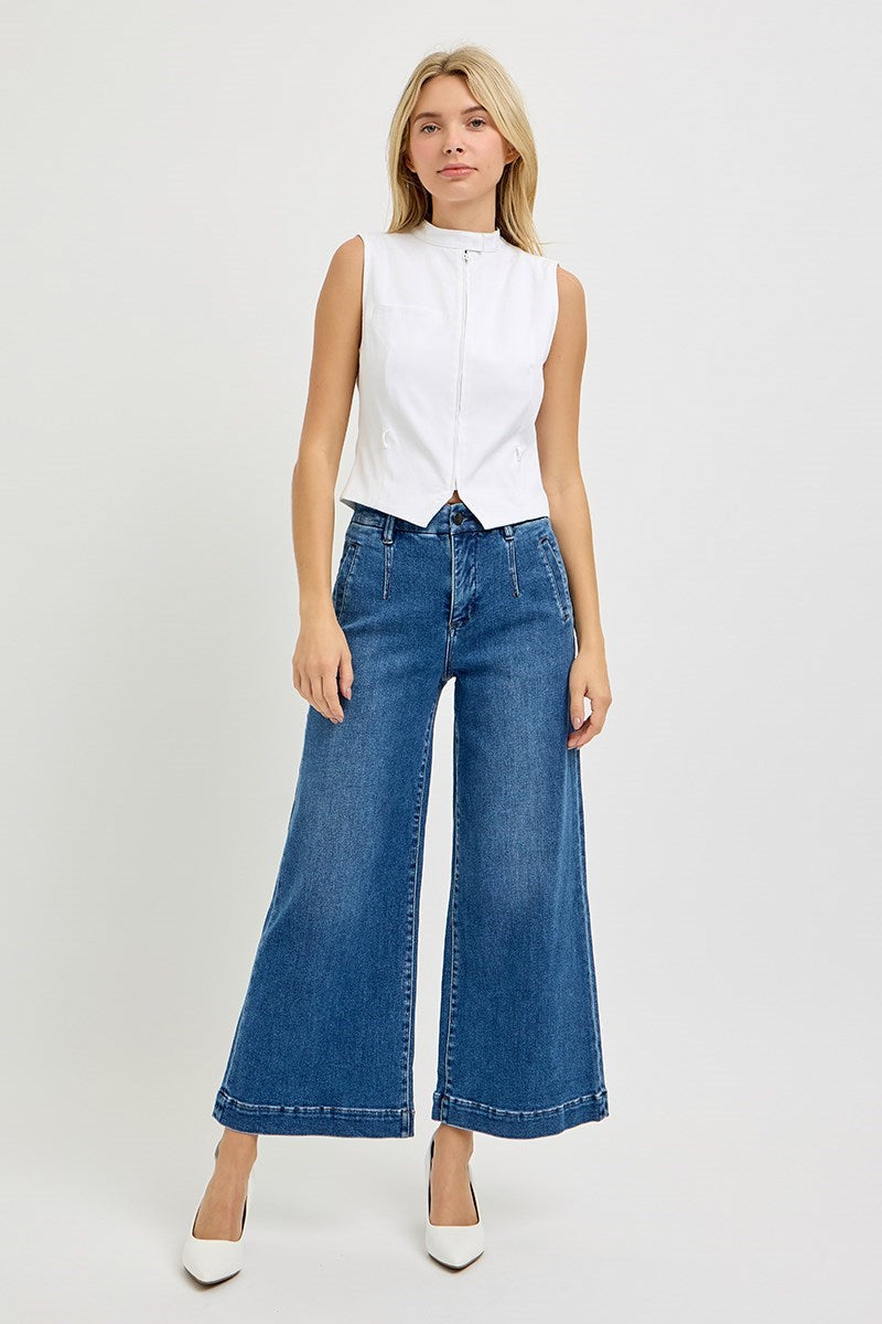 Risen Tummy Control Elastic Band High Rise Wide Leg Crop Jeans