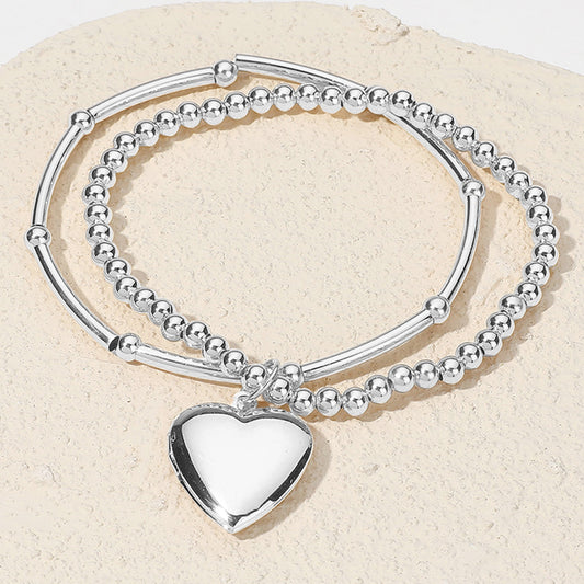 Puffy Heart Charm Double Layered Metal Ball Beaded Stretch Bracelet
