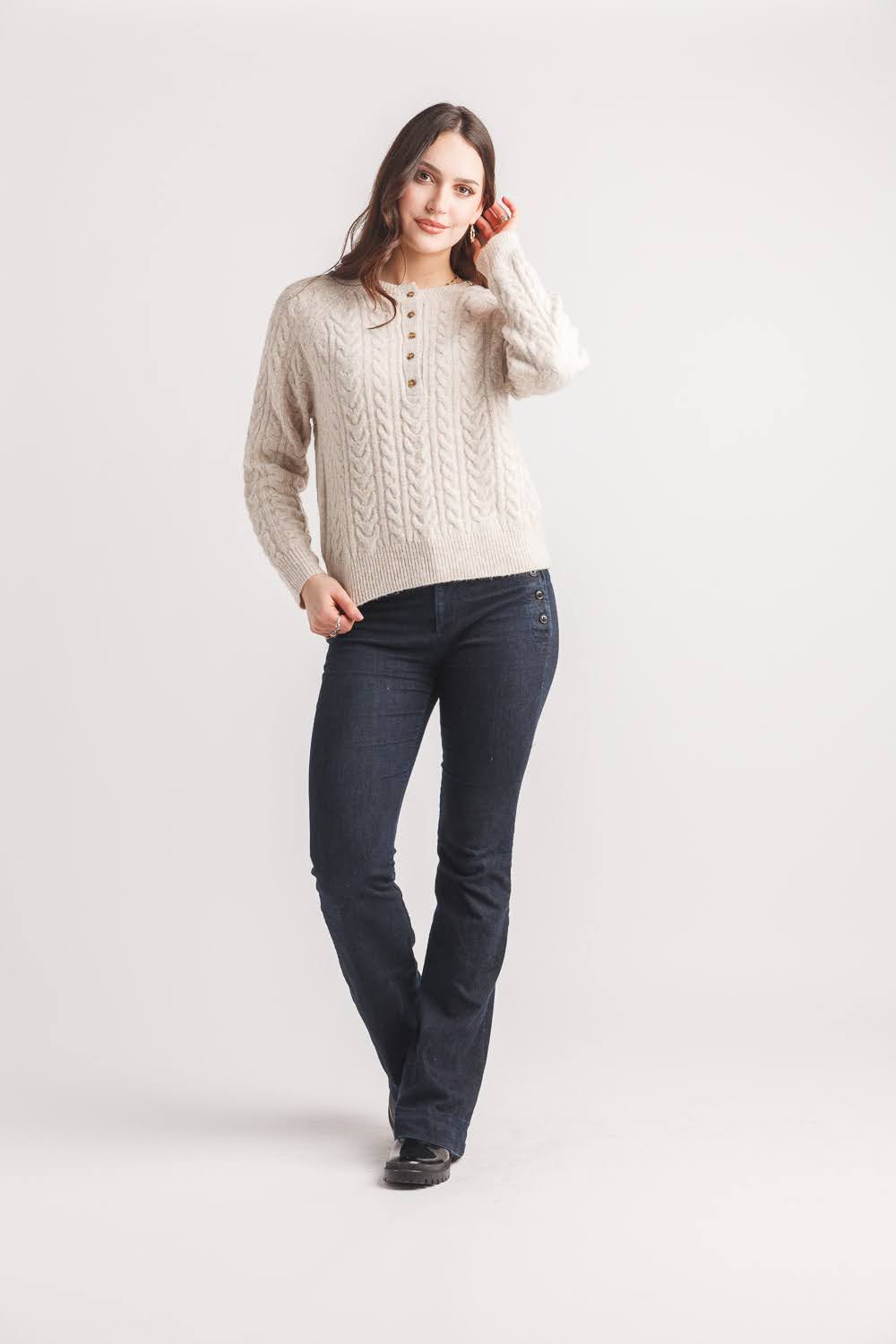 Women’s Oatmeal Henley Cable Knit Sweater